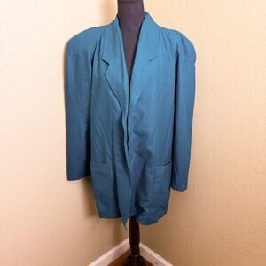 George Georgiou Silk Blazer Jacket Teal Open Front Shoulder Pads Women L